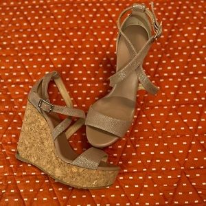 Jimmy Choo crisscross cork wedge.